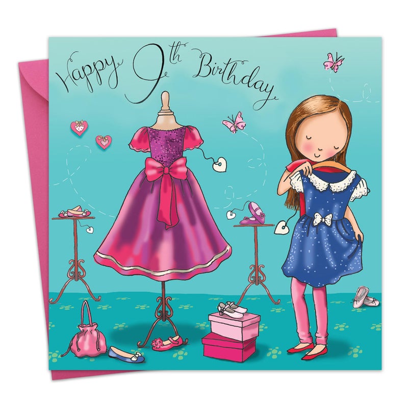 Twizler 9th Birthday Card for Girl with Dress - Girls Age 9 Year Old Childrens Happy Birthday Card Gifts - Image 1